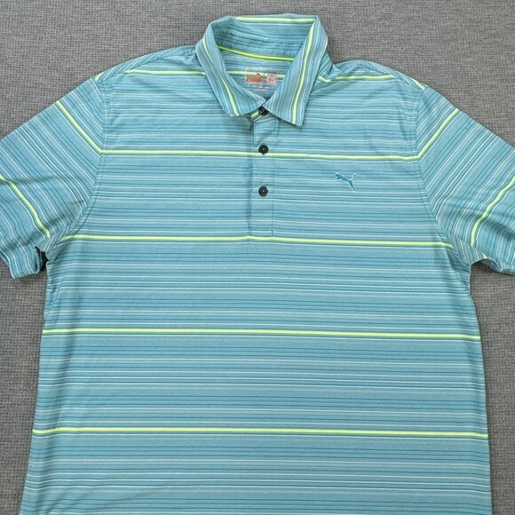 Puma Mens Polo Top Sz L Turquoise Short Sleeve Striped Dry Cell Golf Active Tee - Picture 3 of 13